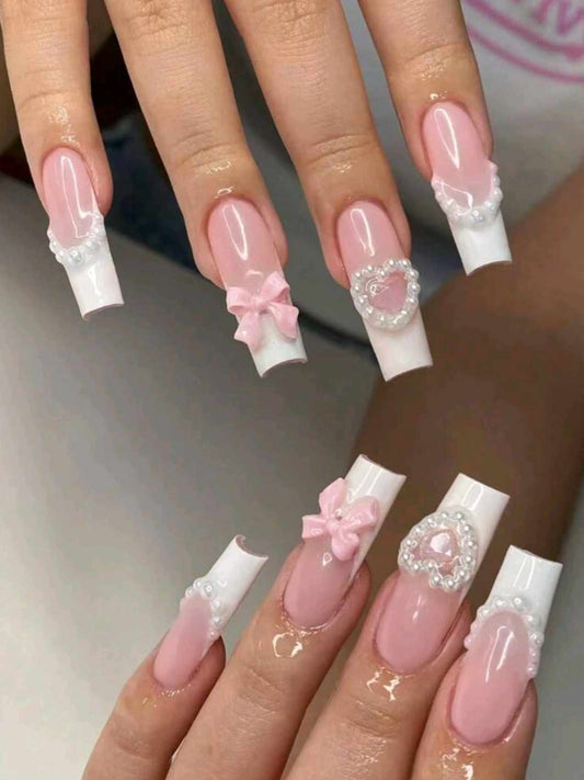 "Pink Pearl Heart" Press-On Nails